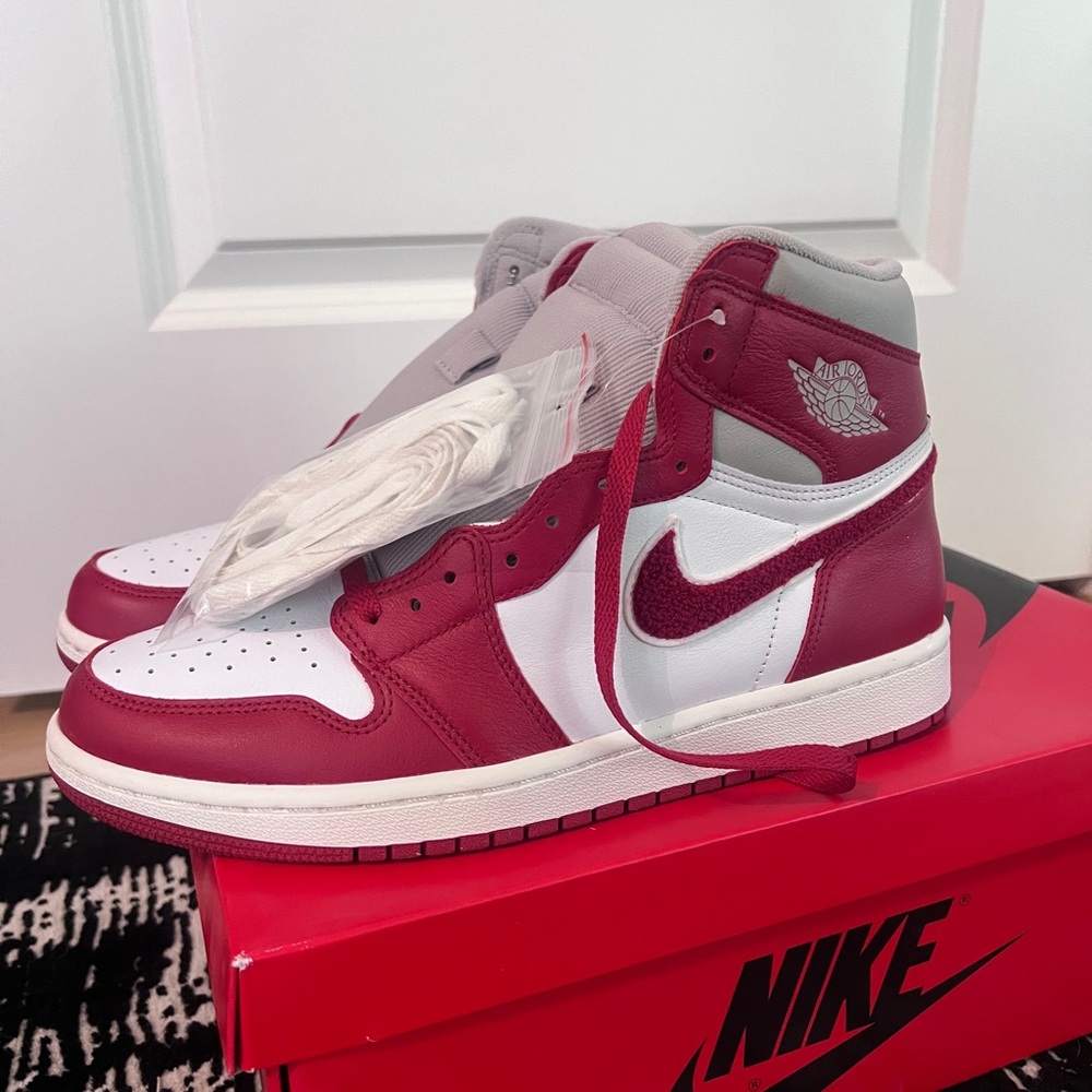 Nike Women’s Air Jordan 1 Retro Hi OG Red and White High-Tops Chenille Sneakers